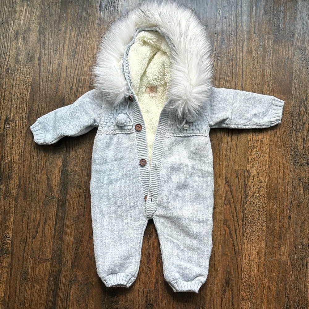 Caramelo Kids Blue Knit Pom Pom Pramsuit (6-9M)